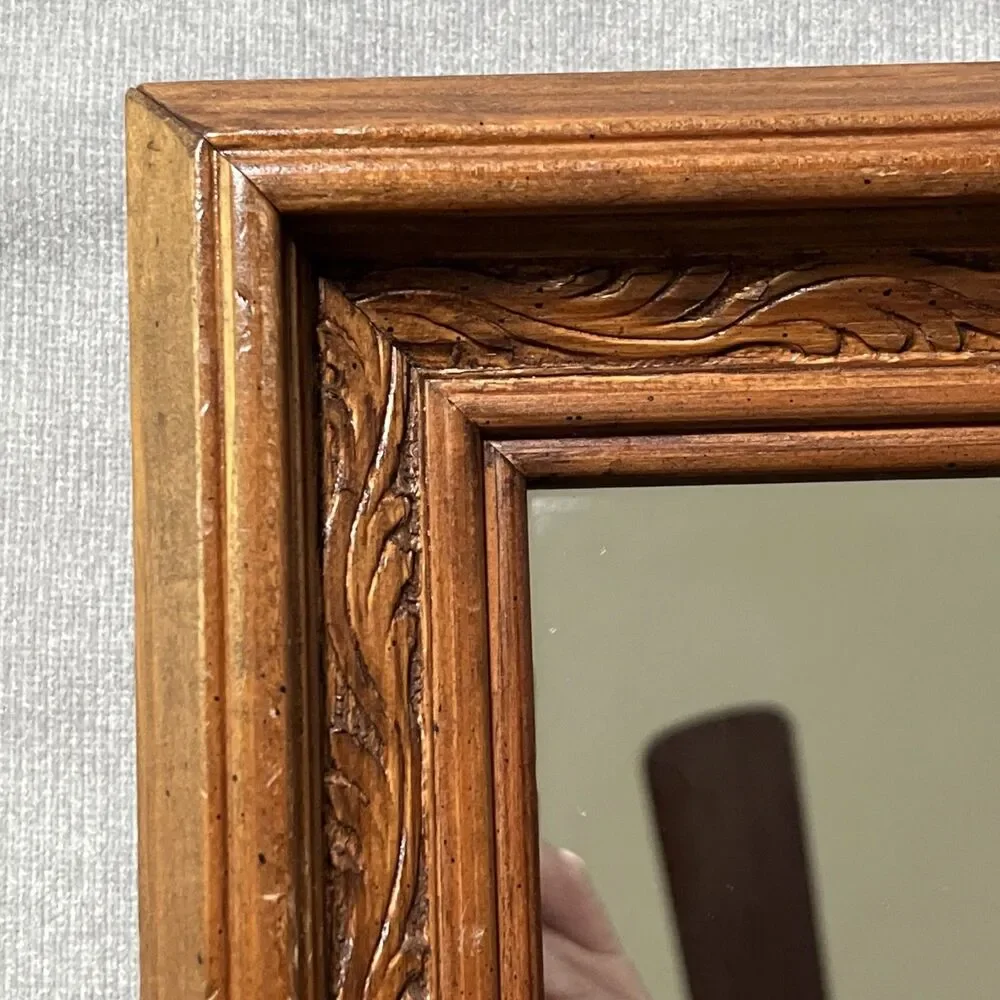 Vintage Rustic Carved Wood Square Accent Mirror Ornate 8.5 x 8.5